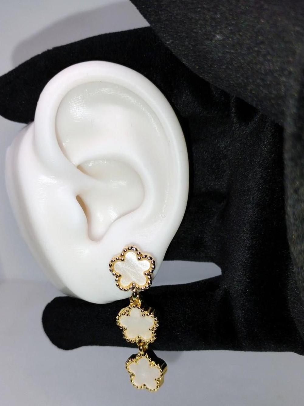 White Mother Of Pearl Clover Drop Earrings, Gold Plated